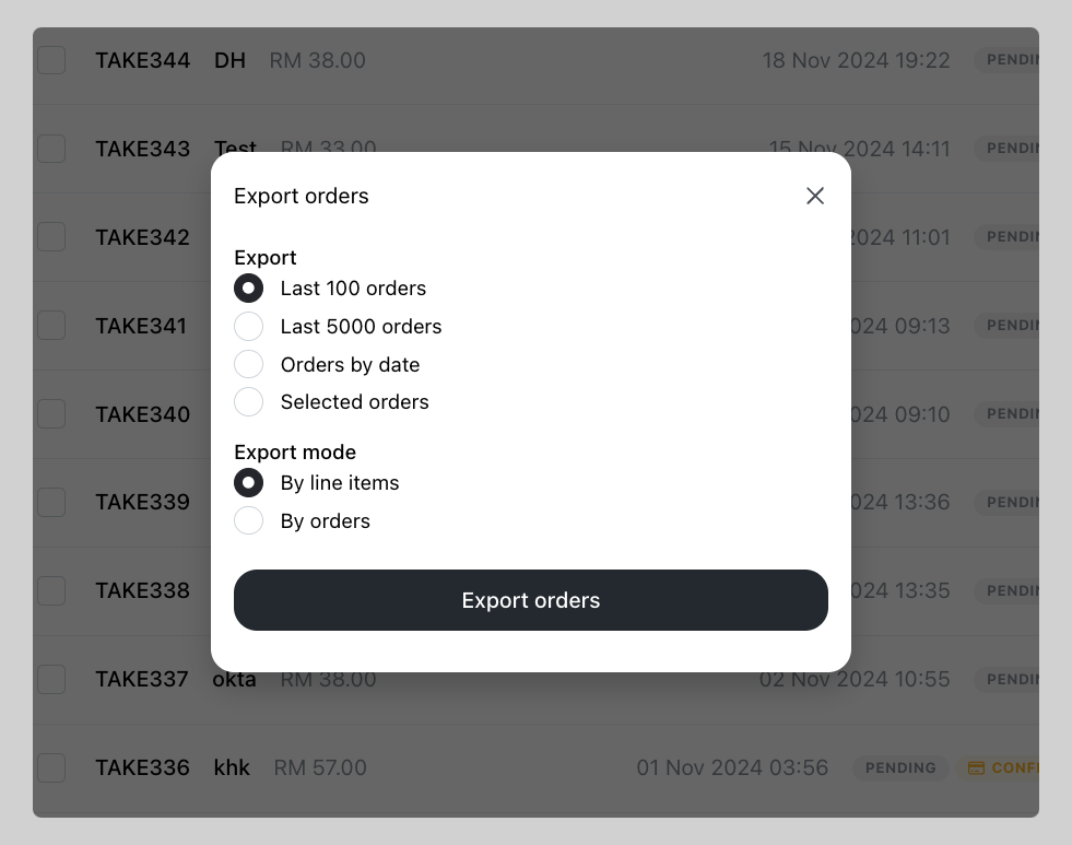 Export orders in CSV