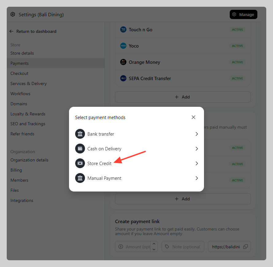 Store credit payment