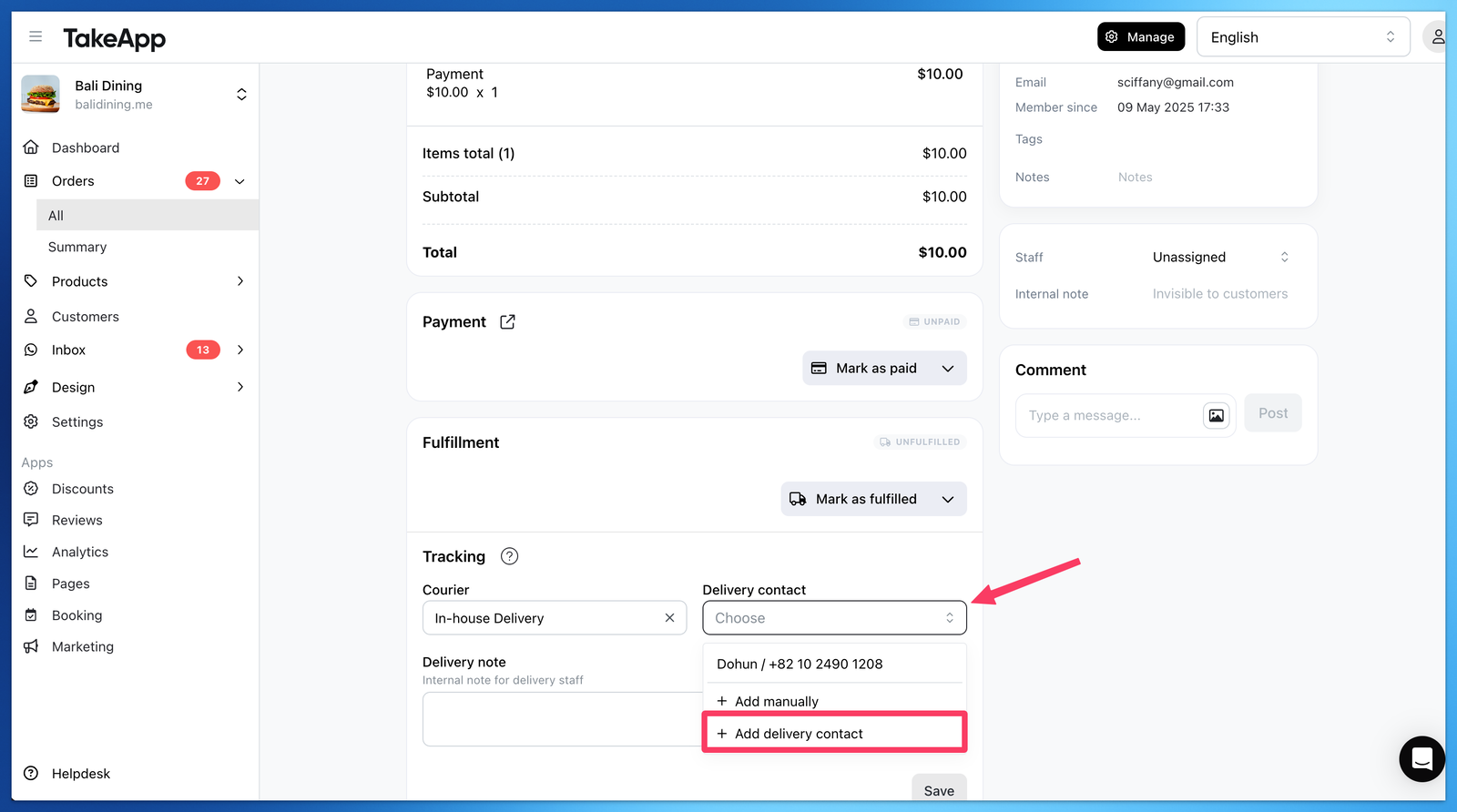 In house delivery order tracking