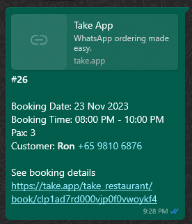 Booking message on WhatsApp
