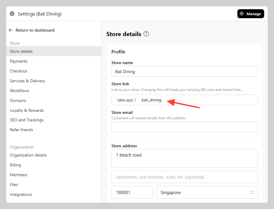 Changing store link