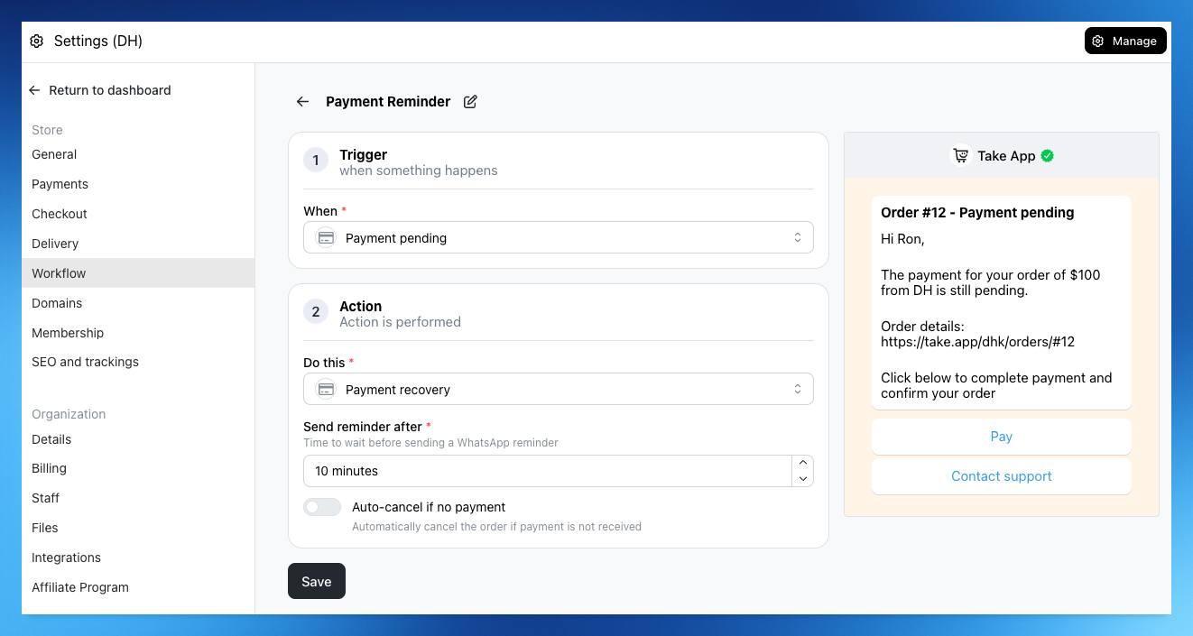 Payment recovery workflow