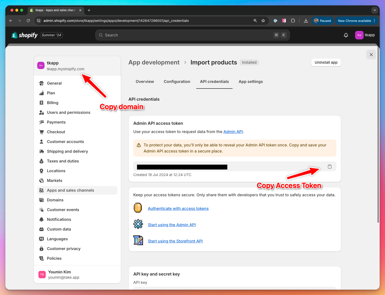 Copy domain and access token
