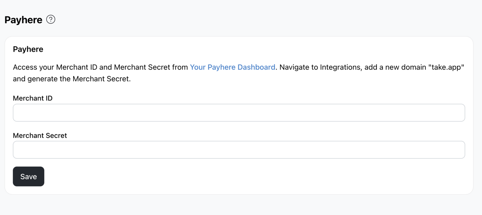 Payhere settings on Take App