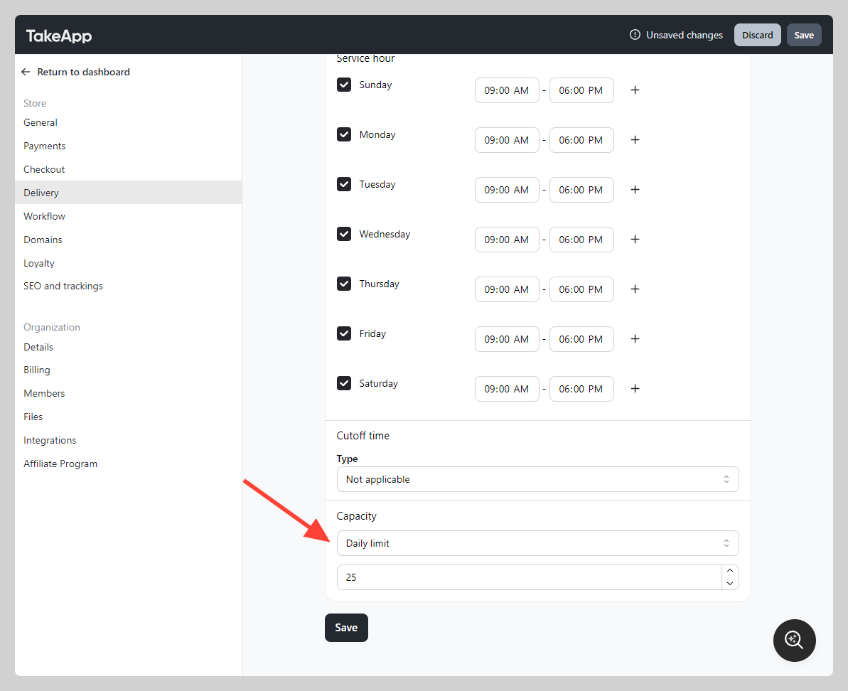 Can I cap orders for a specific delivery date? (Order daily capacity)