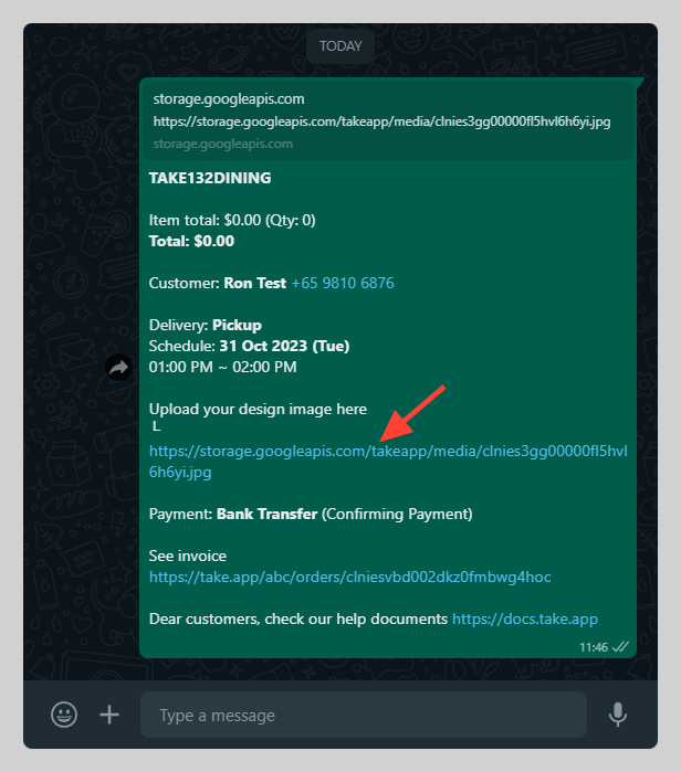 Image/file upload link on order message