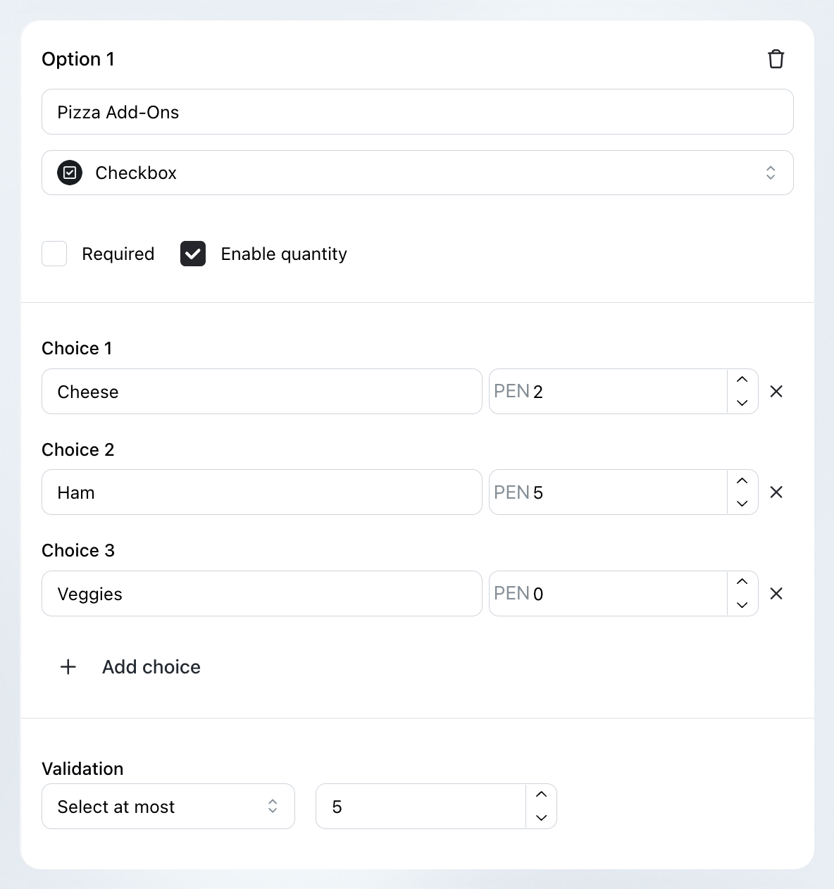 Products options
