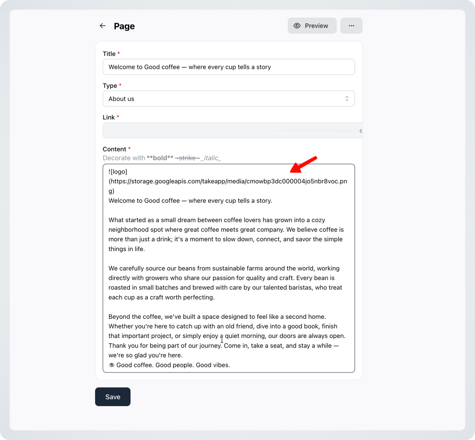 Upload images in pages editor