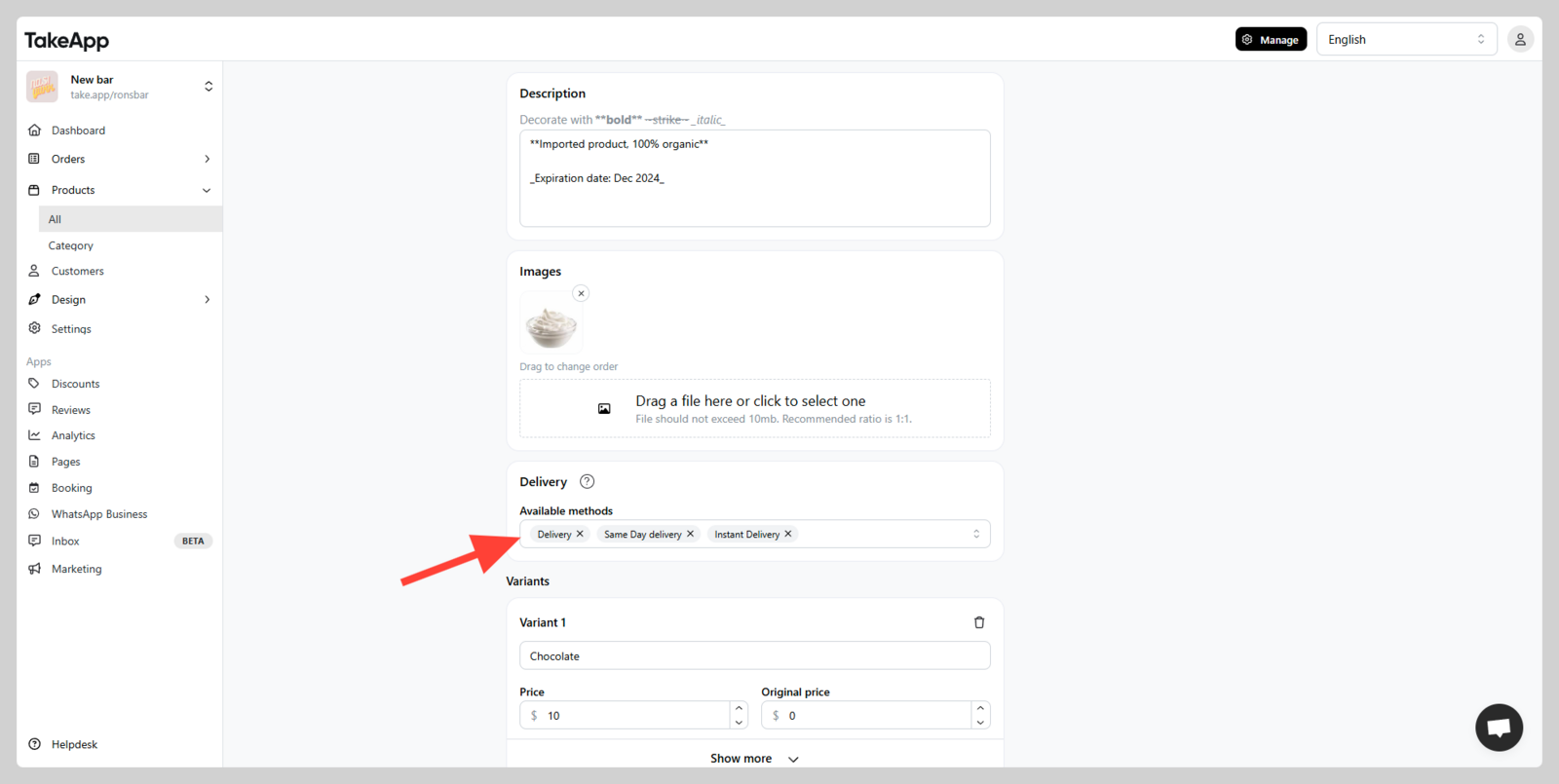 Available delivery methods by product