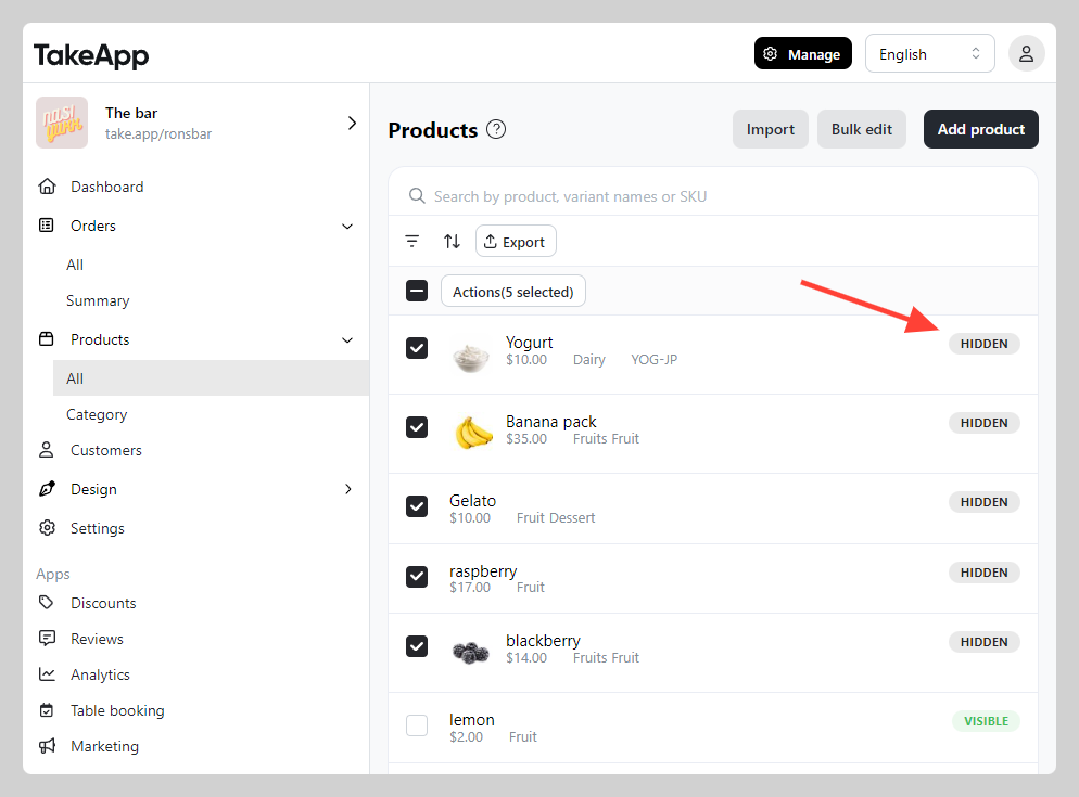 Hide products