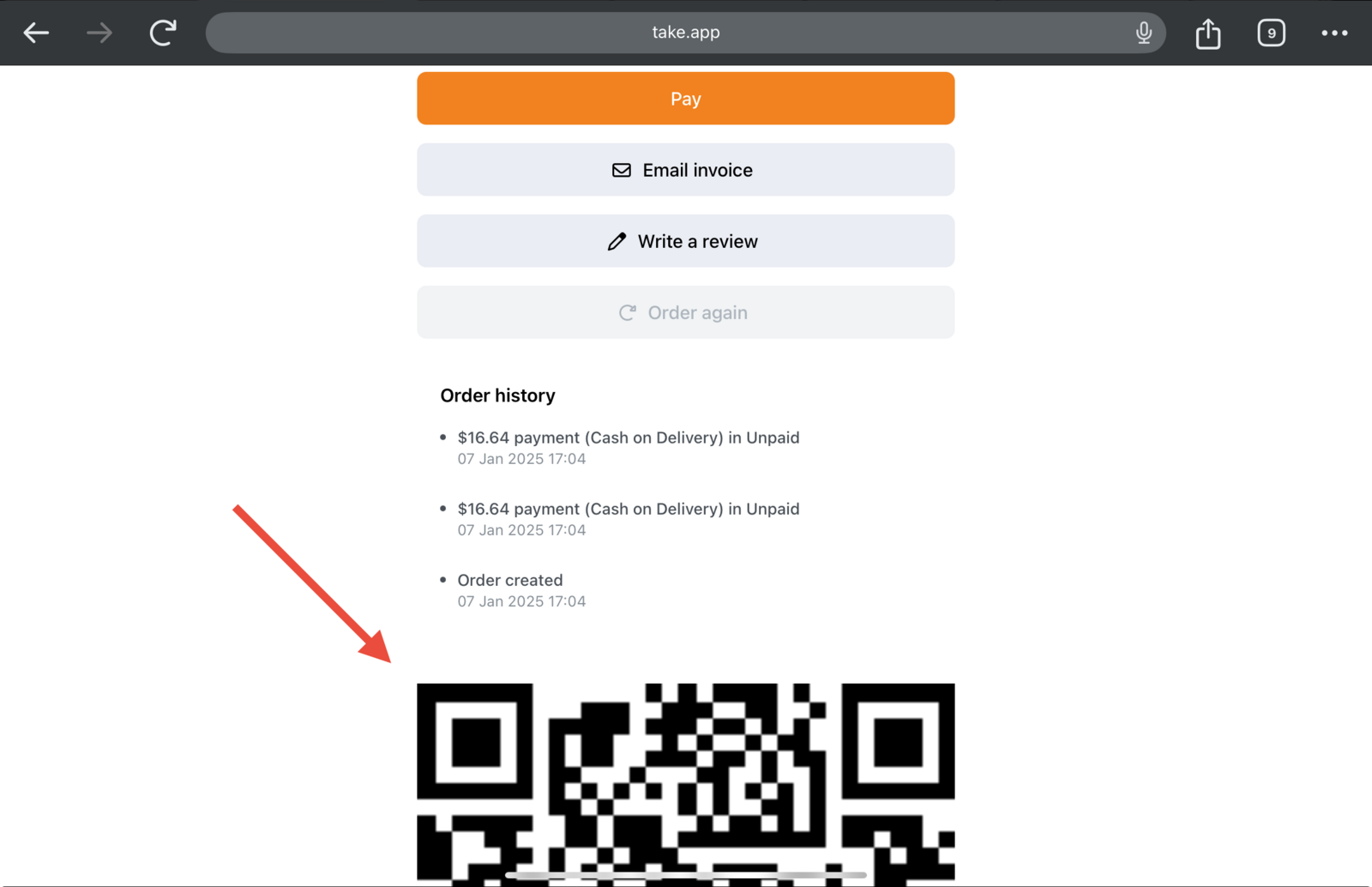 QR code for confirmed order
