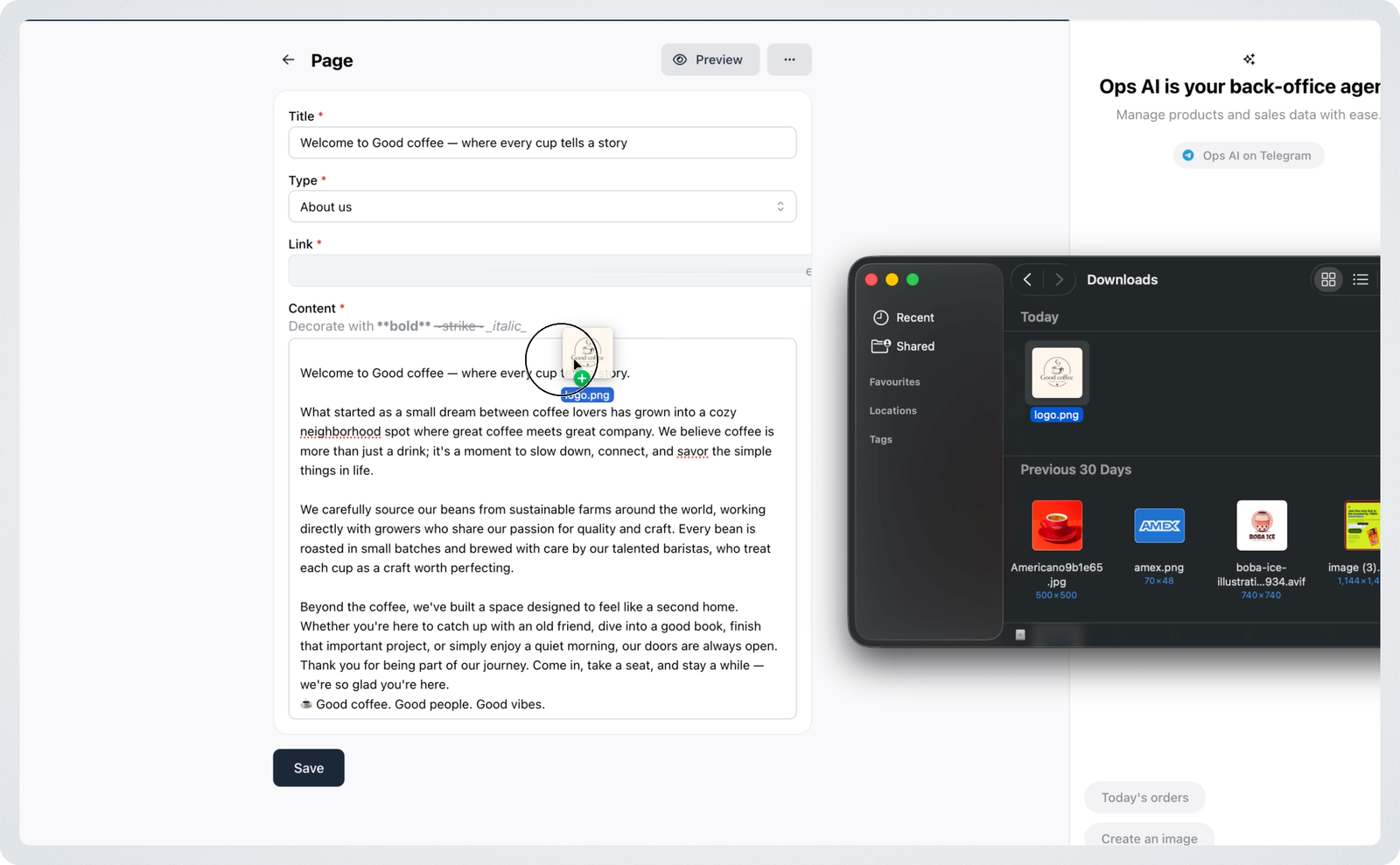 Upload images in pages editor