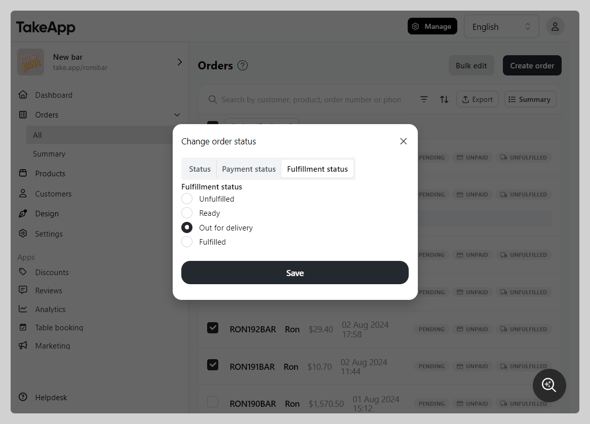 Modify fulfillment status