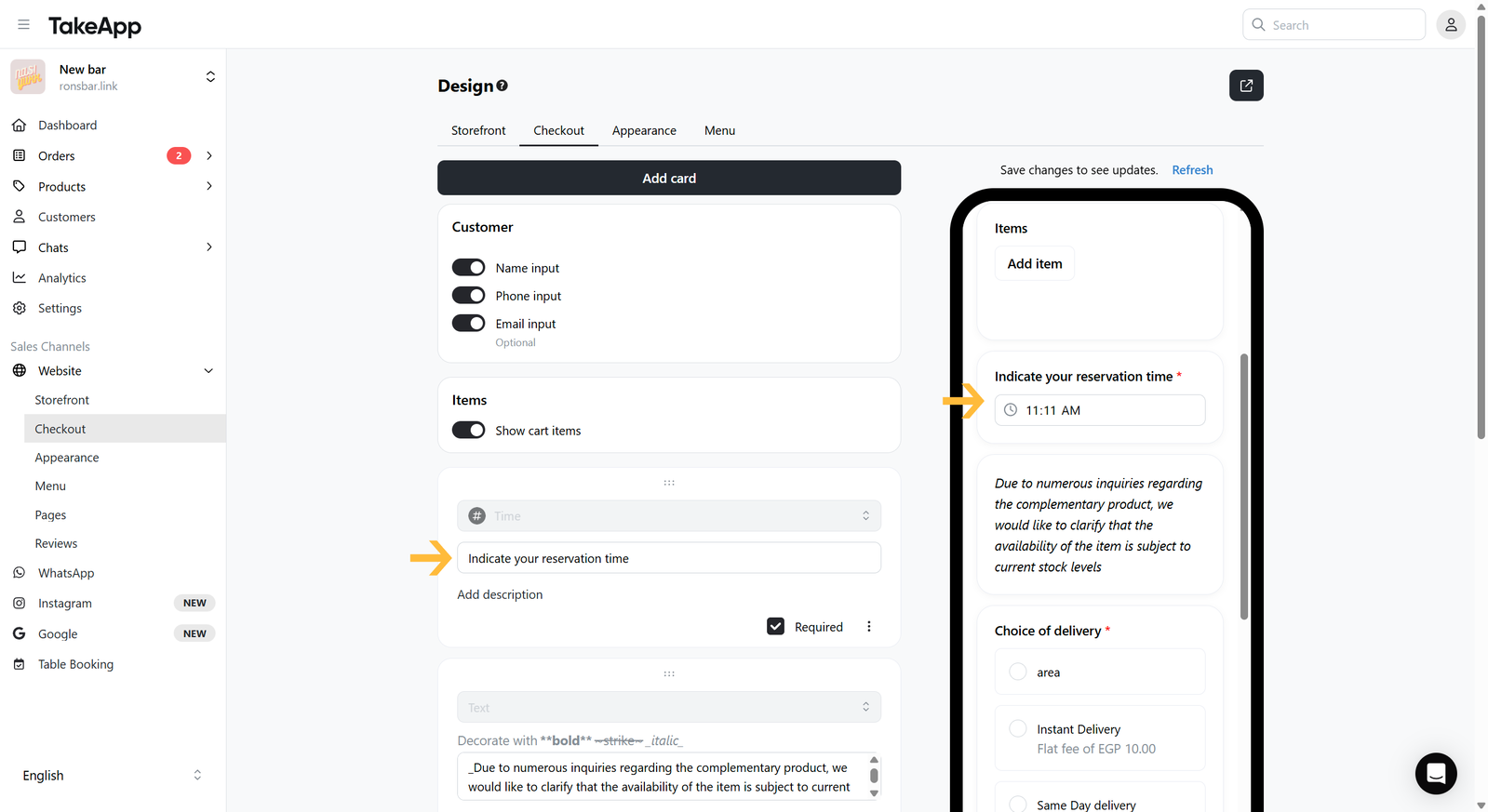 Add a time picker on the Checkout page