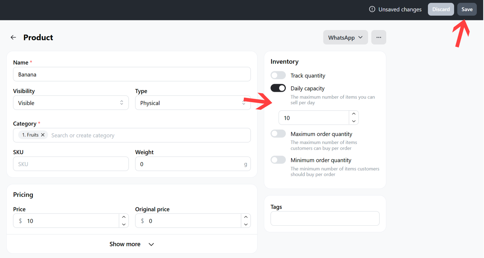Setting up the product's daily capacity