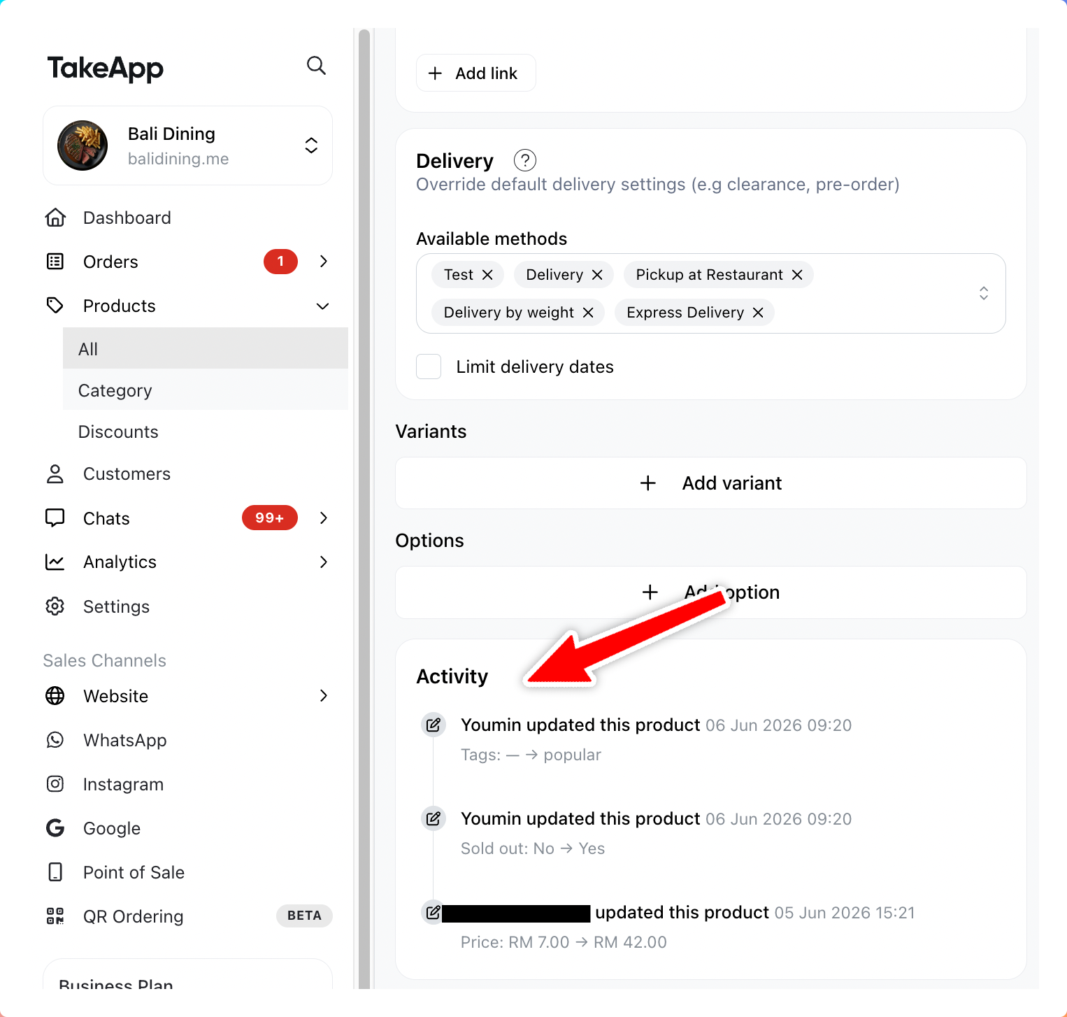 Activity section showing the audit log on a product record