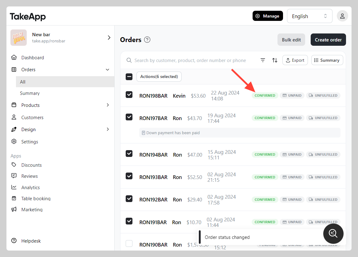 Modify order status