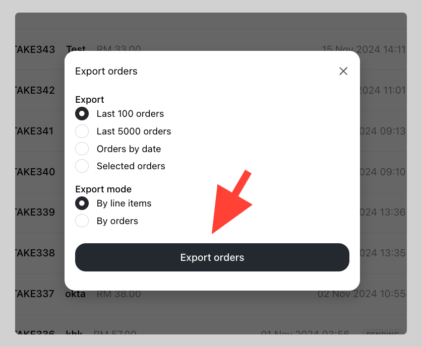 Export orders in CSV