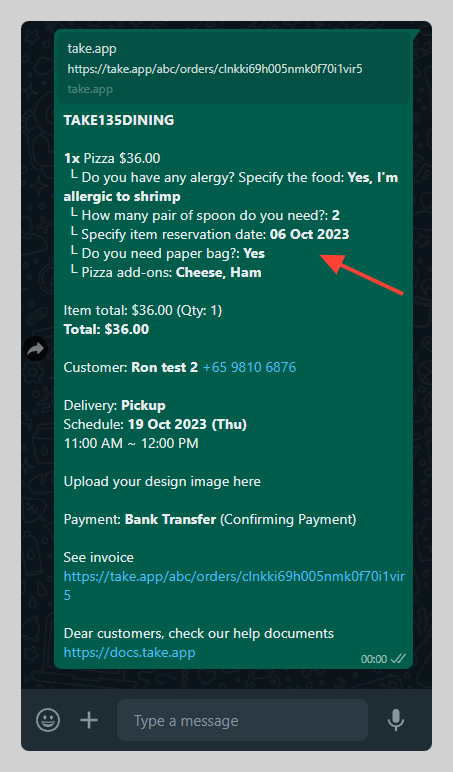 Question and answer shown on the order message
