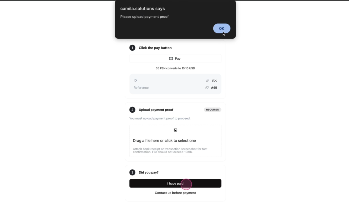 Payment proof upload