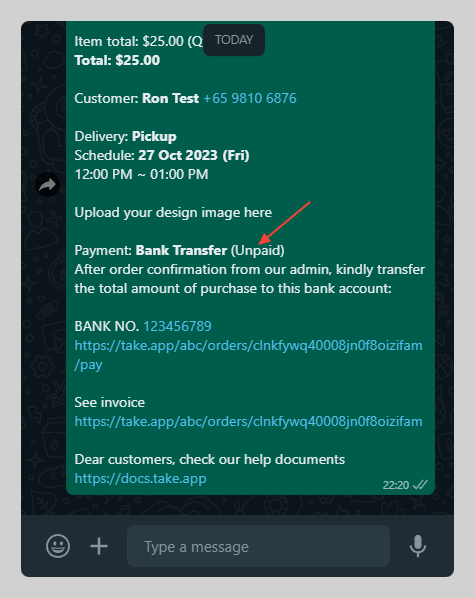 Unpaid status on order message