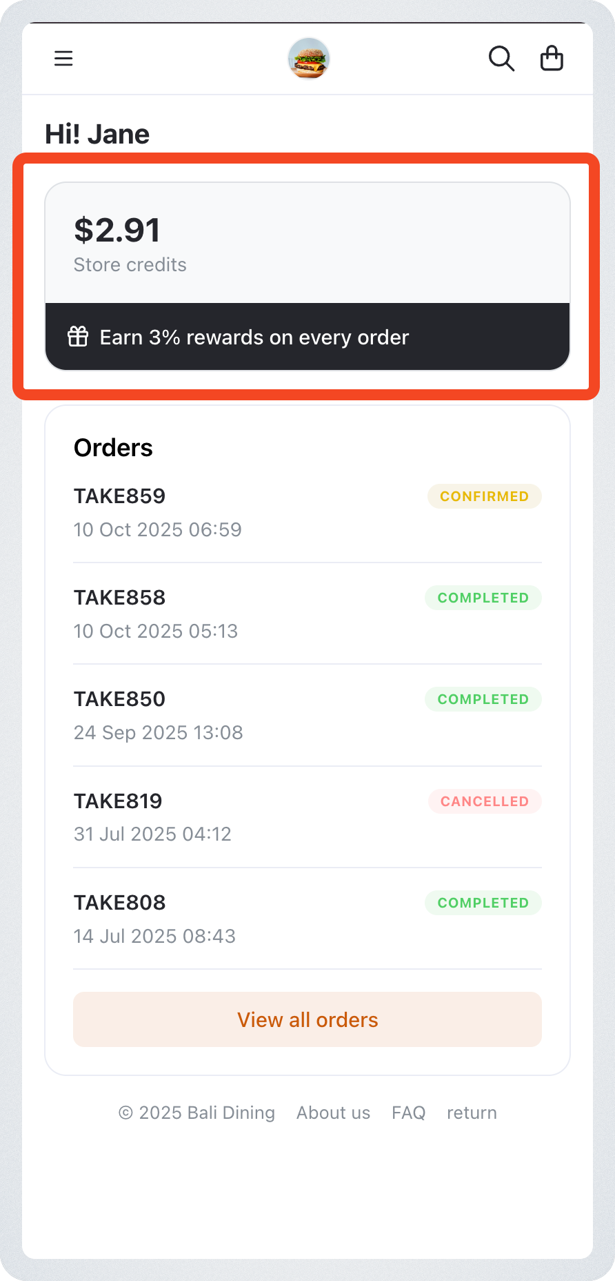 Customer Account Page