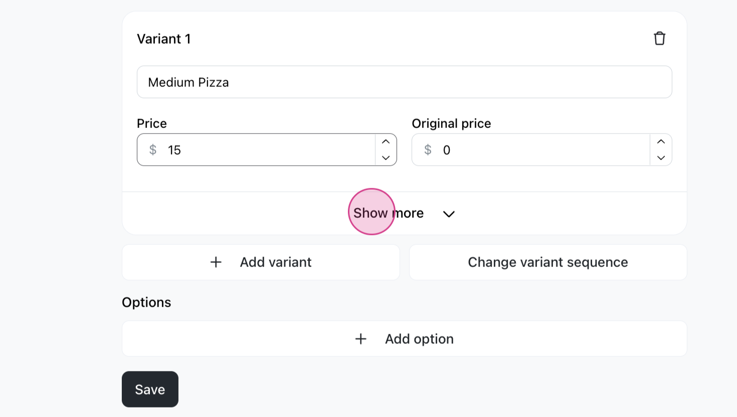 Add product variant and options