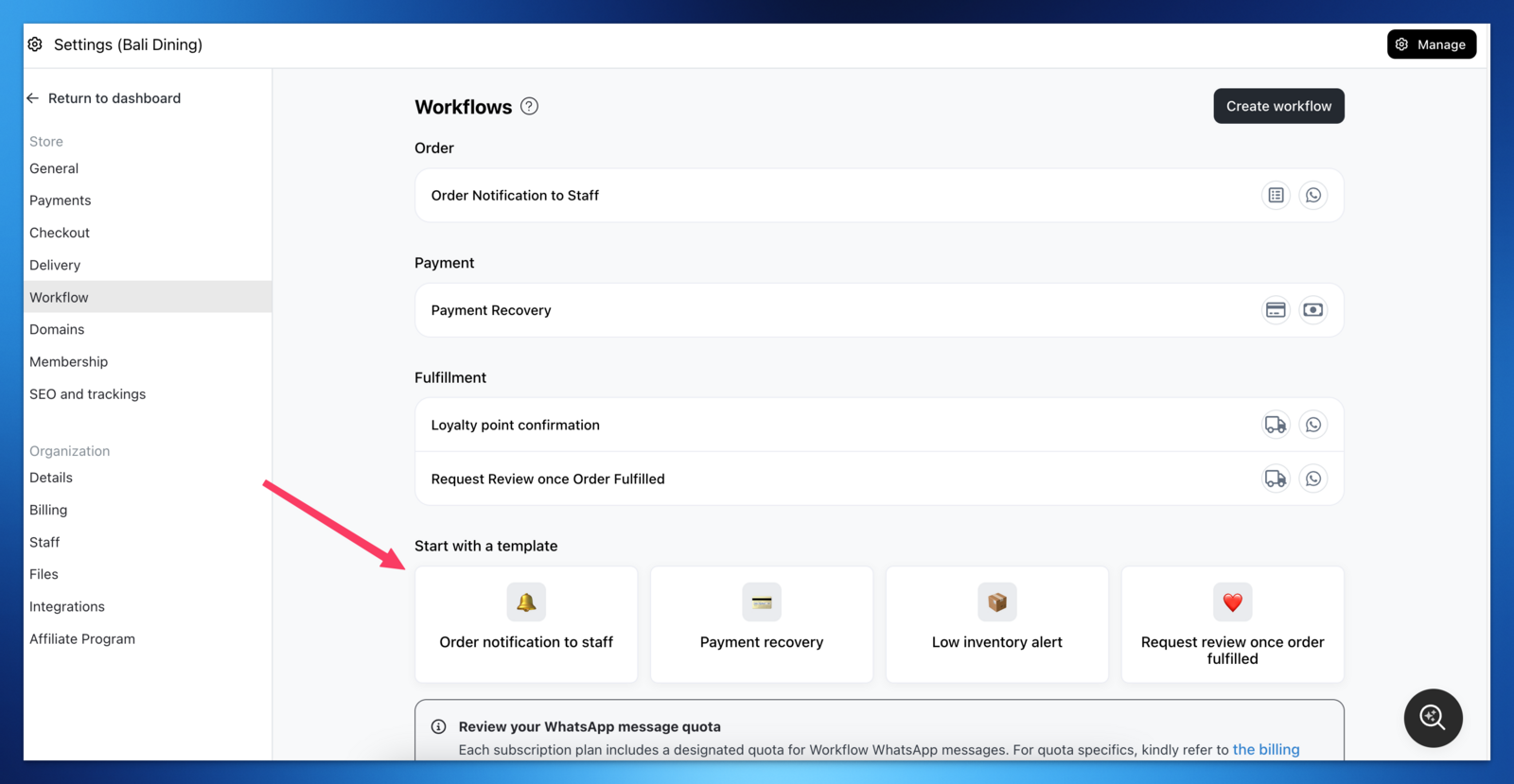 Order notification to staff workflow