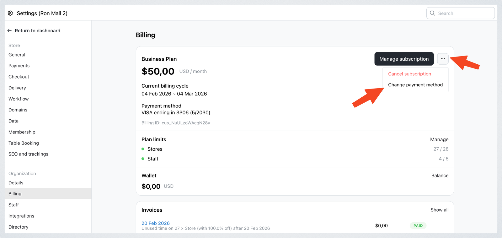 Change payment method for subscription