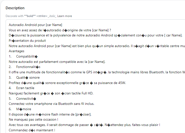 Sample Product Description with Missing Characters