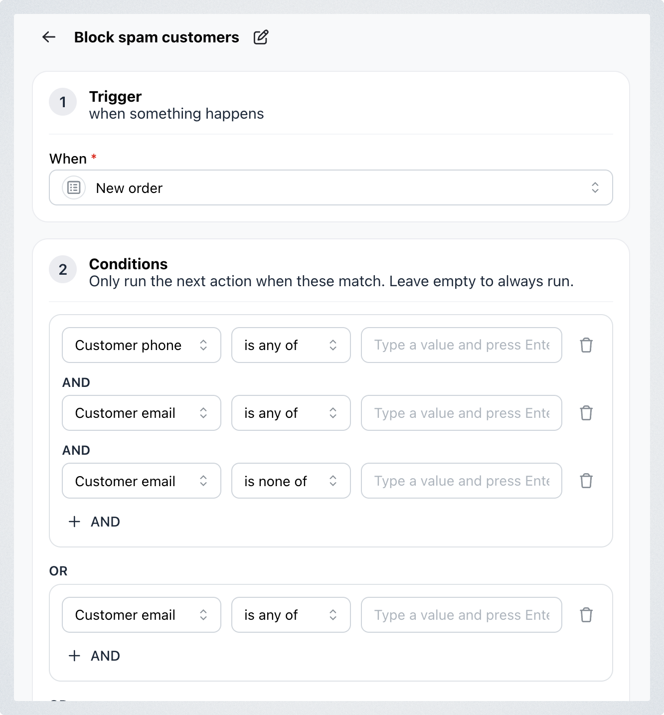 Block Spam Customer Workflow