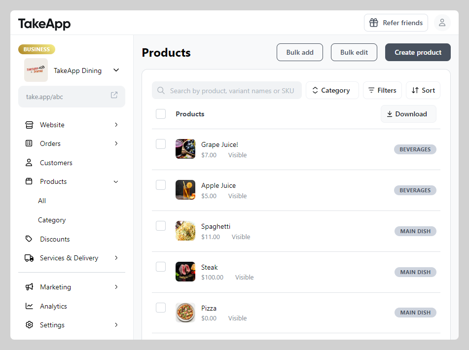 Products options