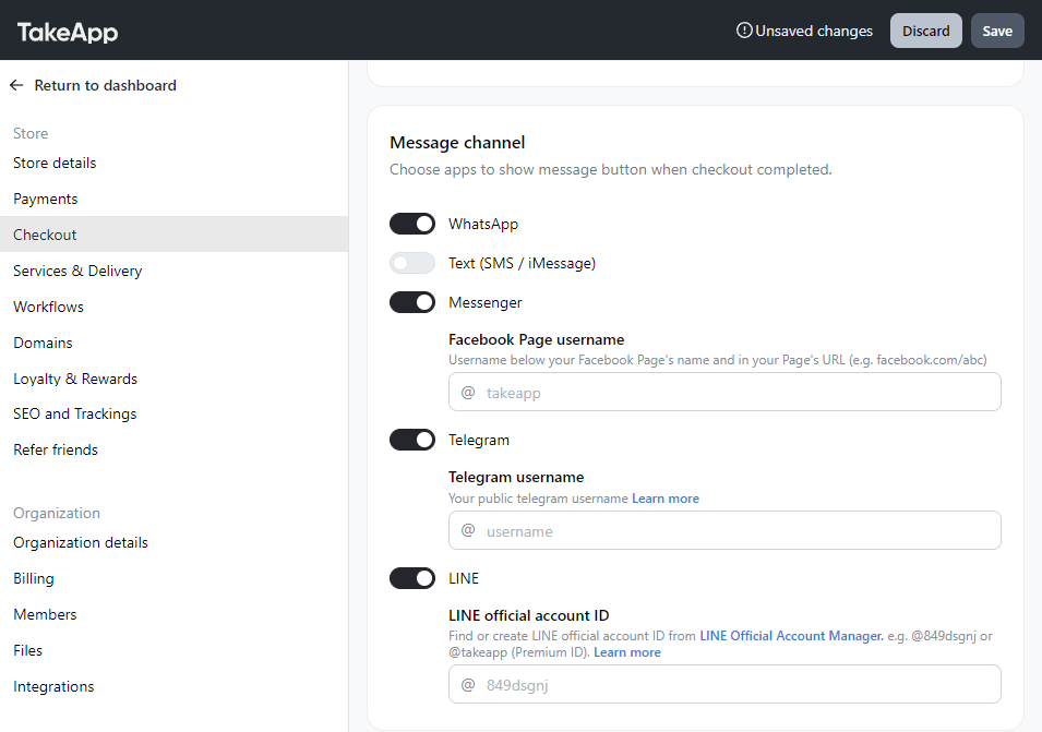 Activate Messenger, Telegram, and LINE messaging