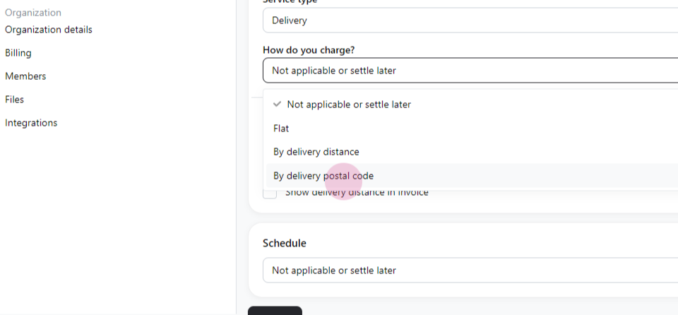Postal code fee delivery