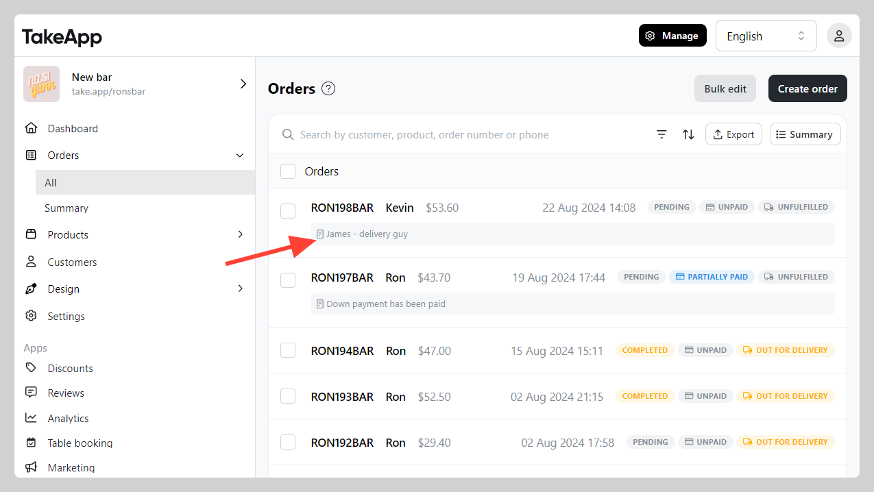 Order's Internal notes
