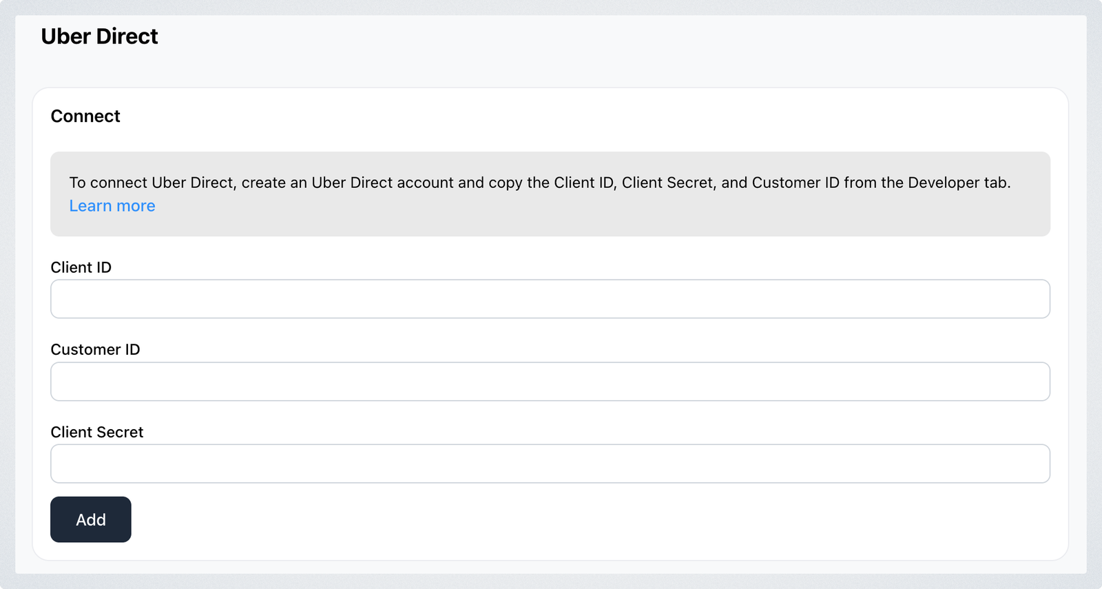 The Uber Direct Connect form with Client ID, Customer ID and Client Secret fields