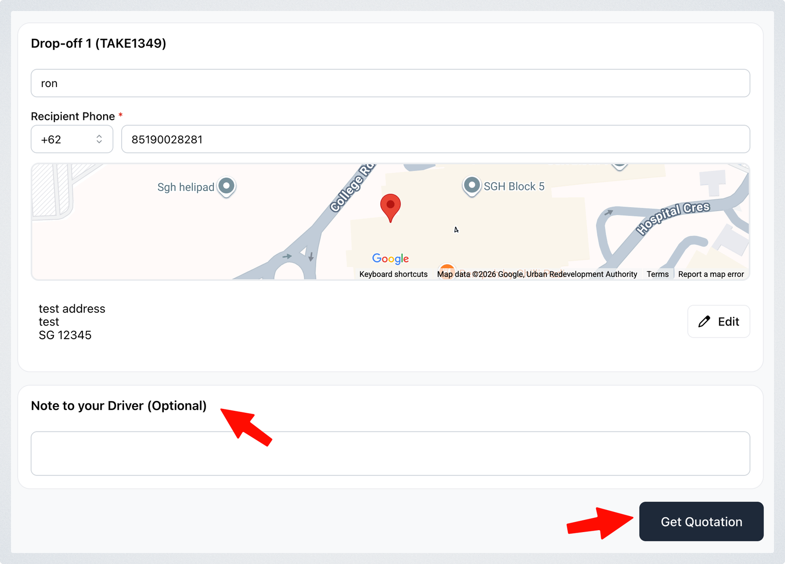 The drop-off details with the recipient phone, the address on a map, the note to your driver field and the Get Quotation button