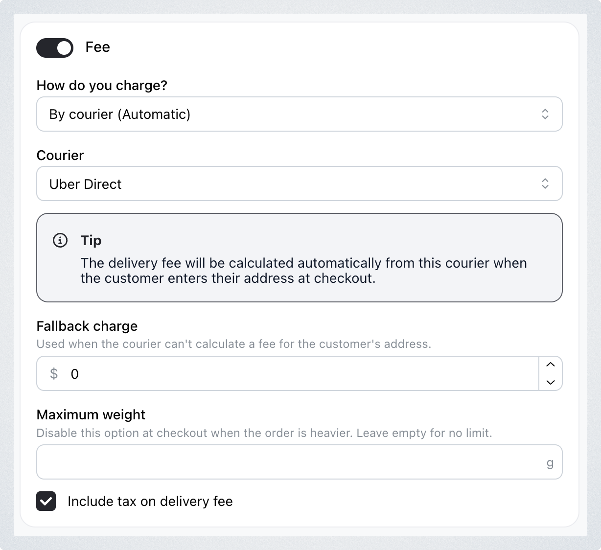 The delivery fee set to By courier (Automatic) with Uber Direct as the courier, a fallback charge and a maximum weight