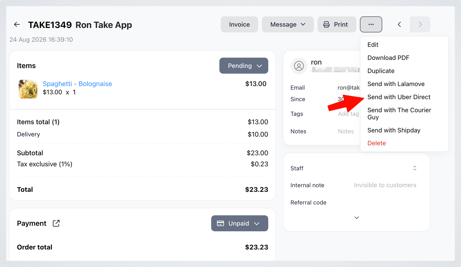 The order page with the more menu open, showing Send with Uber Direct