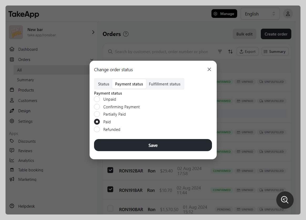 Modify payment status