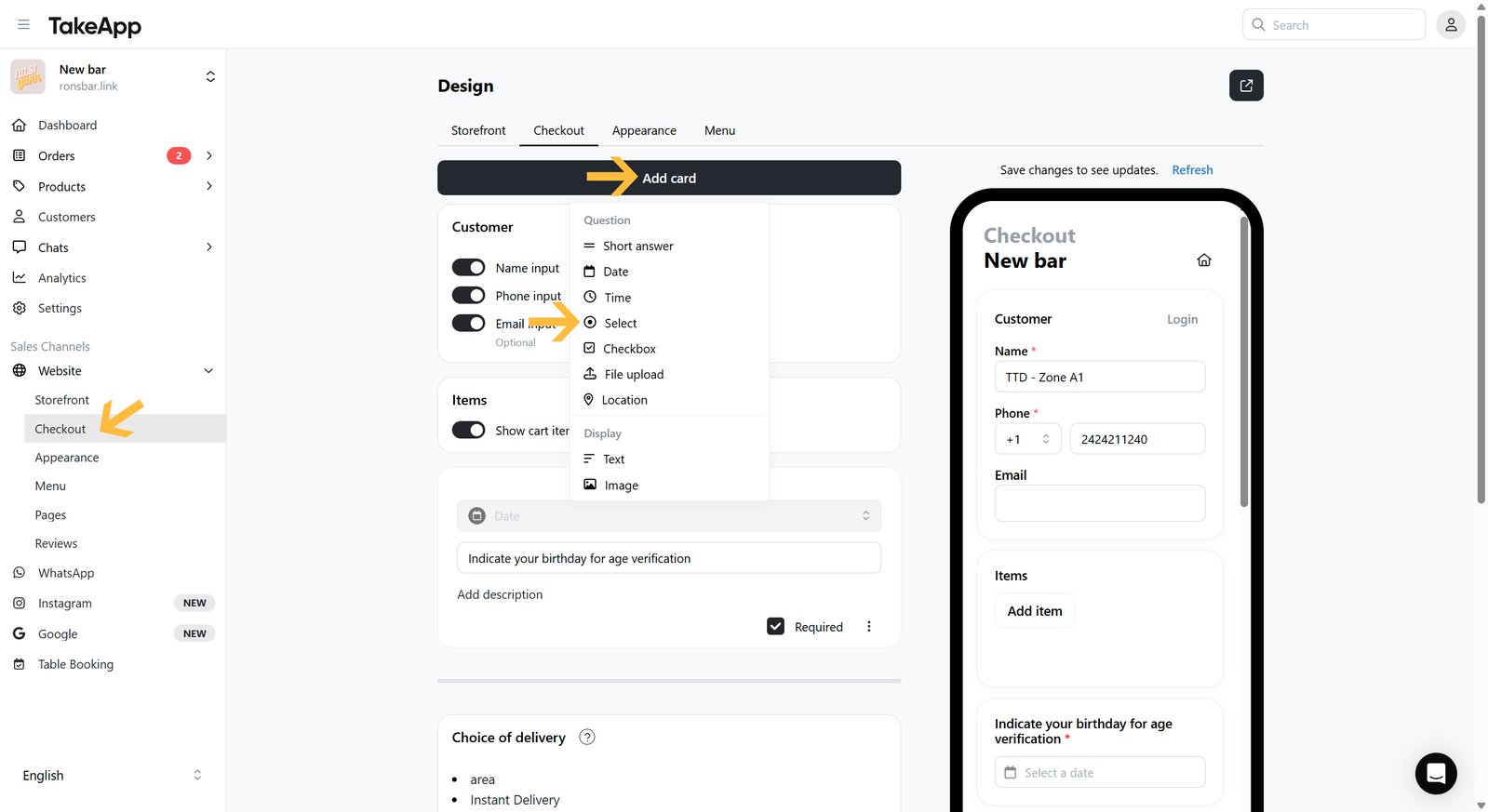 Add a selection field to the Checkout page