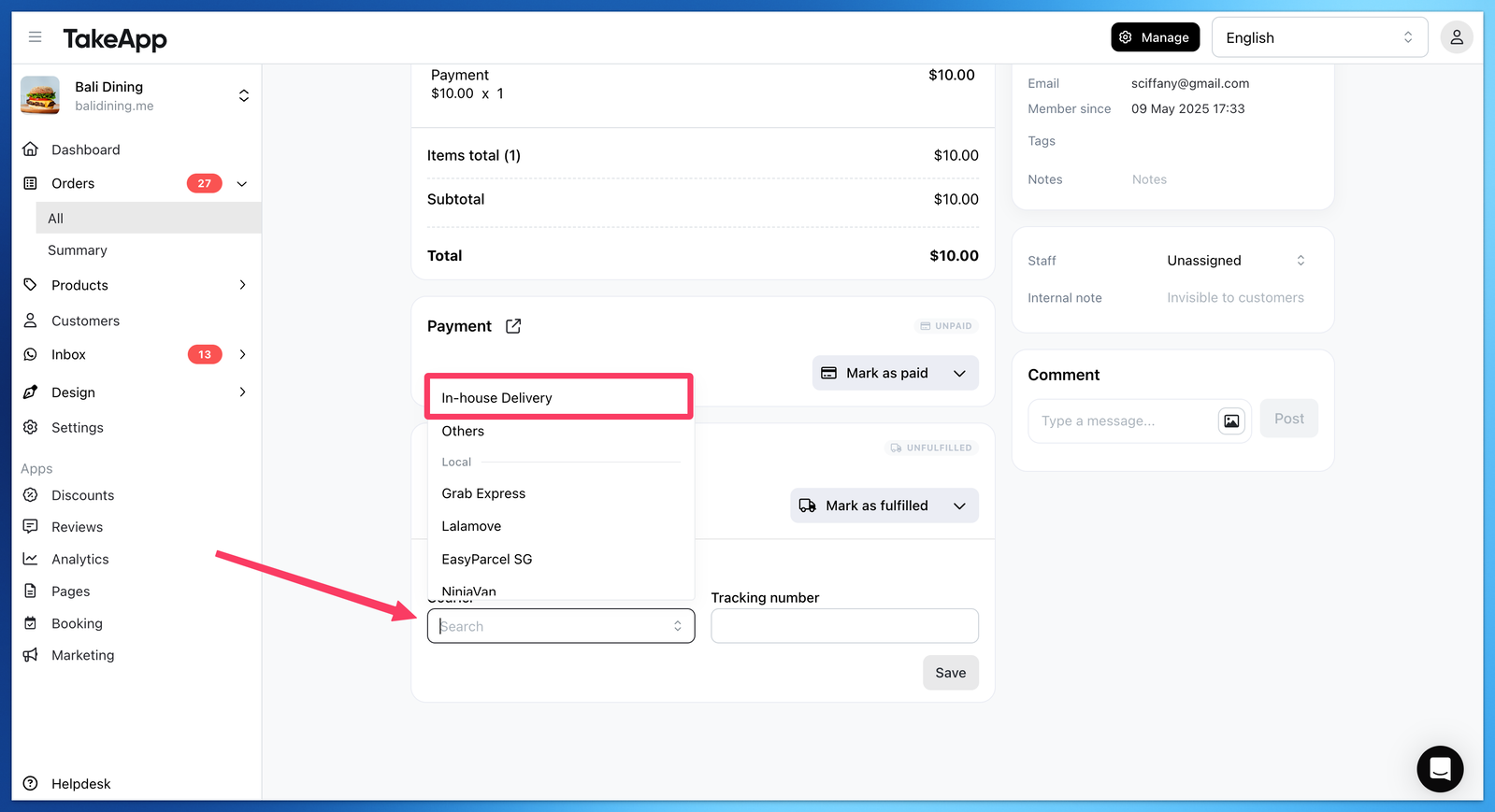 In house delivery order tracking