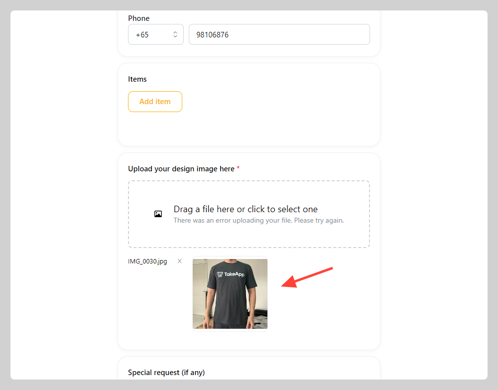 Upload image field on checkout form