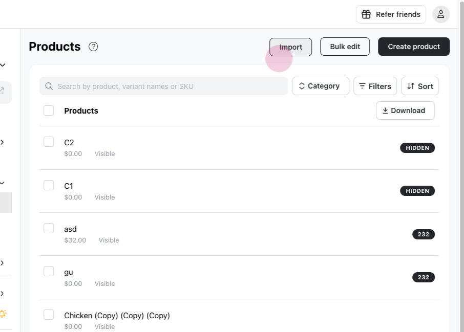 Bulk product upload with CSV file