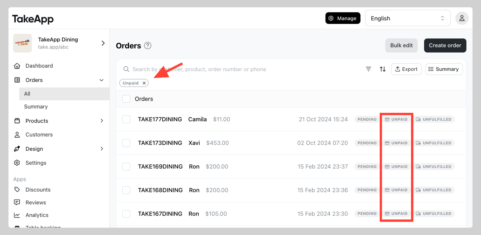 Filter unpaid invoices