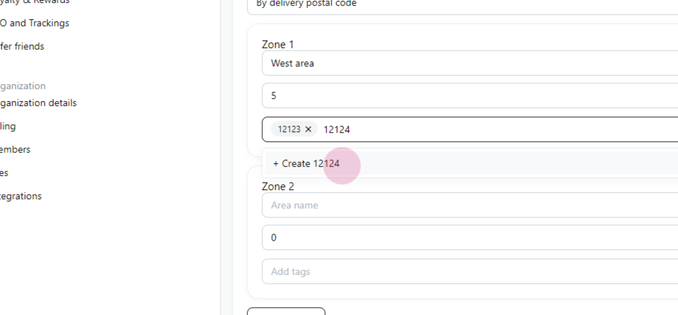 Postal code fee delivery