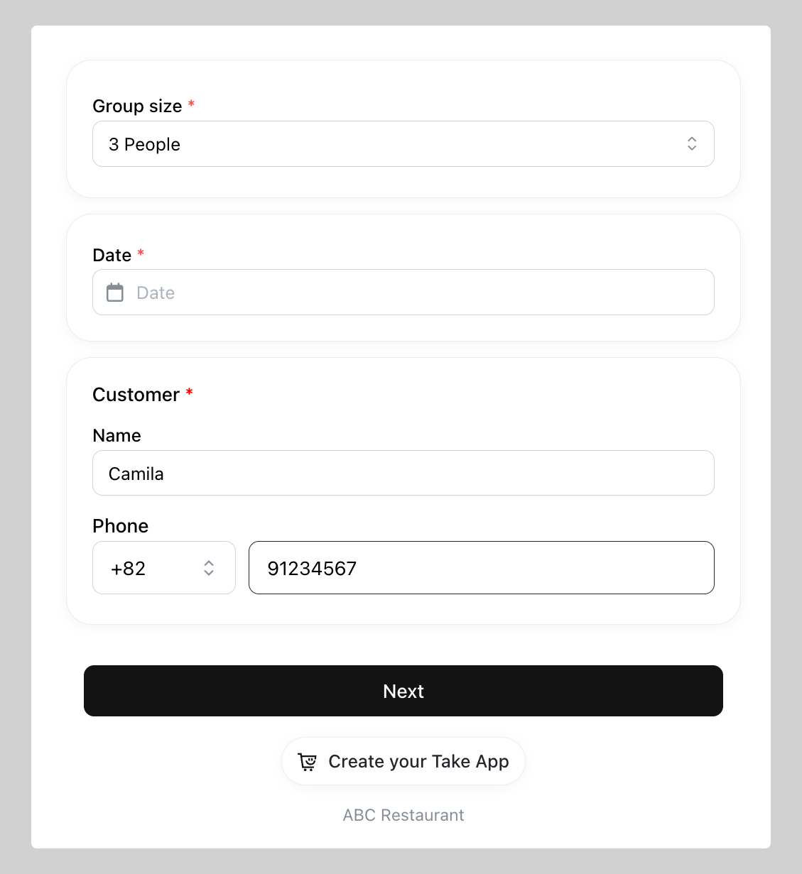 Booking page
