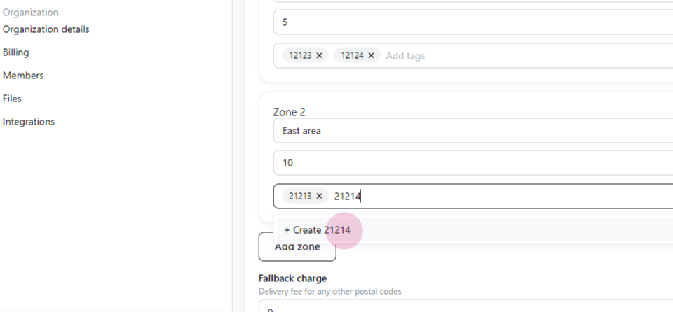 Postal code fee delivery