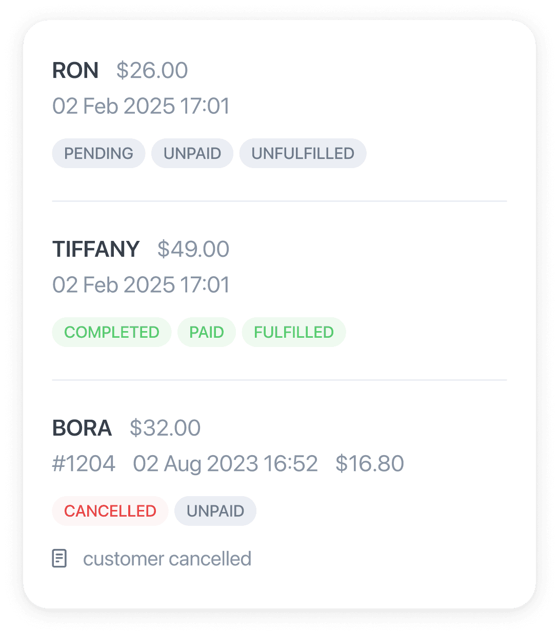 Order dashboard with statuses, payments, and fulfillment