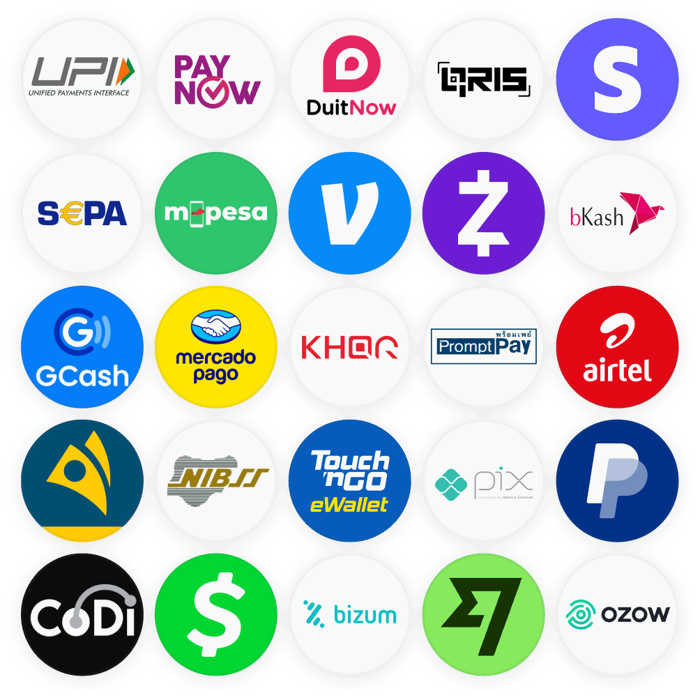 Local payment methods including UPI, PayNow, GCash, Pix, M-Pesa, and more